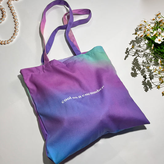 Pastel Gradient Tote Bag with "Cool as a Cucumber" Print – Eco-Friendly Cotton Canvas Bag